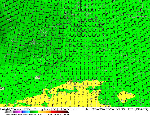 Height/Temp. 700 hPa UK-Global Mo 27.05.2024 06 UTC