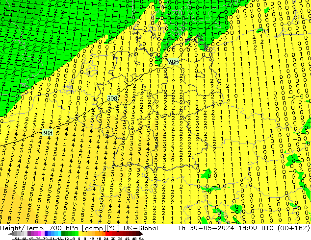 Hoogte/Temp. 700 hPa UK-Global do 30.05.2024 18 UTC