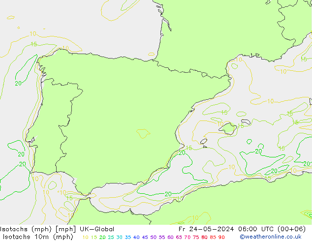 Isotachs (mph) UK-Global ven 24.05.2024 06 UTC