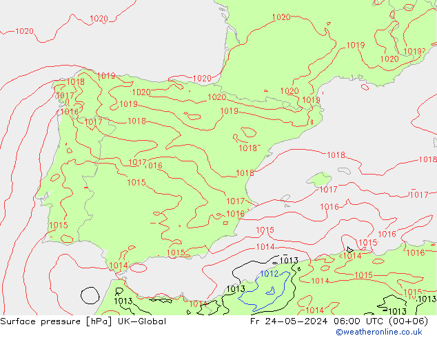 Atmosférický tlak UK-Global Pá 24.05.2024 06 UTC