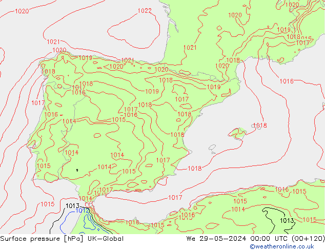 Surface pressure UK-Global We 29.05.2024 00 UTC