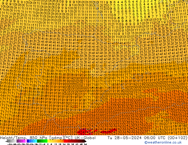 Hoogte/Temp. 850 hPa UK-Global di 28.05.2024 06 UTC