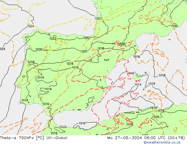 Theta-e 700hPa UK-Global ma 27.05.2024 06 UTC
