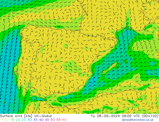 Viento 10 m UK-Global mar 28.05.2024 06 UTC