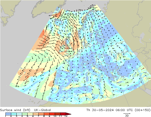 Vento 10 m (bft) UK-Global gio 30.05.2024 06 UTC