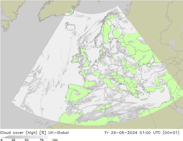 Cloud cover (high) UK-Global Fr 24.05.2024 01 UTC