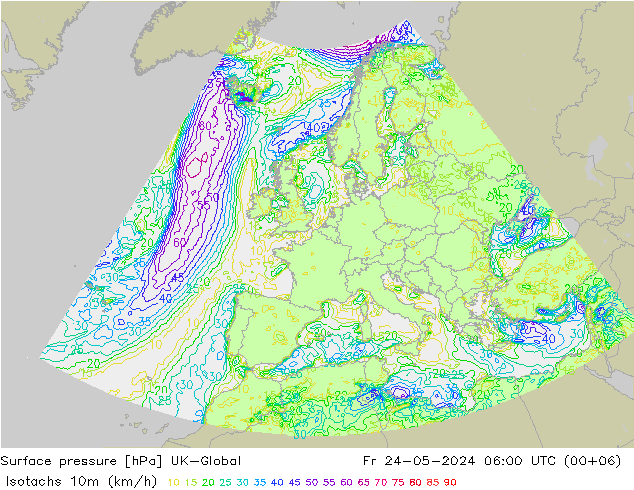 Isotachen (km/h) UK-Global Fr 24.05.2024 06 UTC