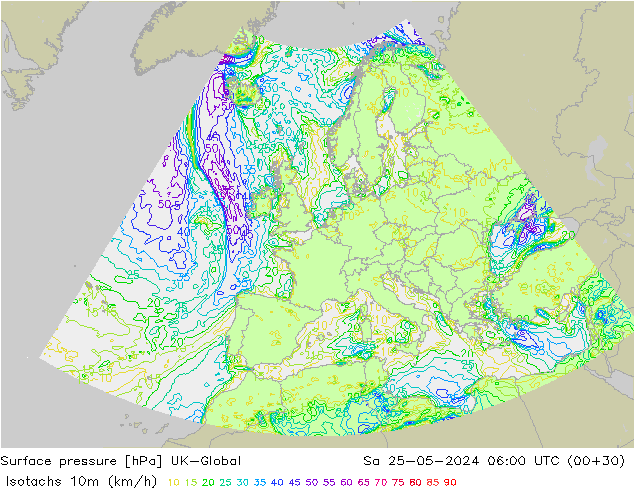 Isotachen (km/h) UK-Global Sa 25.05.2024 06 UTC