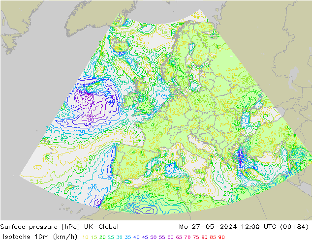 Isotachs (kph) UK-Global lun 27.05.2024 12 UTC