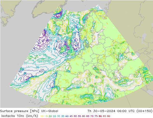 Isotachs (kph) UK-Global чт 30.05.2024 06 UTC