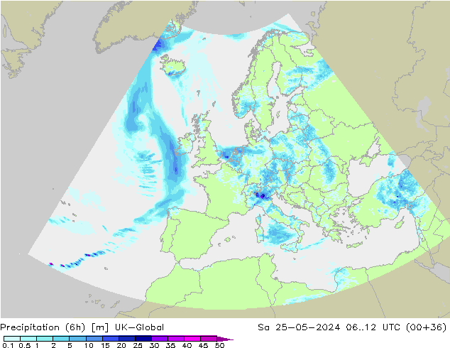 Precipitazione (6h) UK-Global sab 25.05.2024 12 UTC