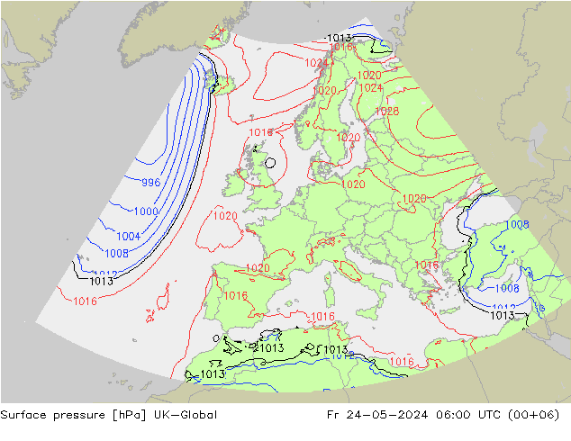 Pressione al suolo UK-Global ven 24.05.2024 06 UTC