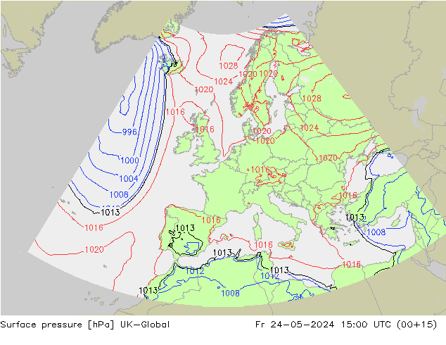 Pressione al suolo UK-Global ven 24.05.2024 15 UTC