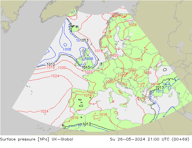 Surface pressure UK-Global Su 26.05.2024 21 UTC