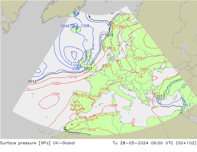 Surface pressure UK-Global Tu 28.05.2024 06 UTC