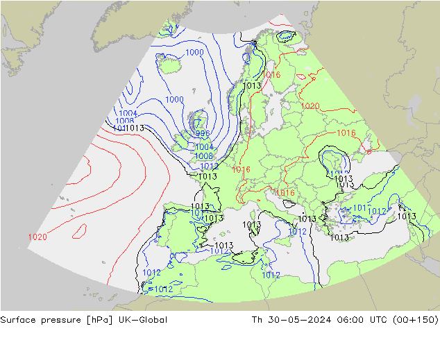 Presión superficial UK-Global jue 30.05.2024 06 UTC