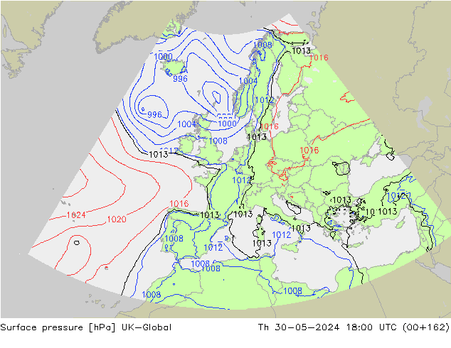 Pressione al suolo UK-Global gio 30.05.2024 18 UTC