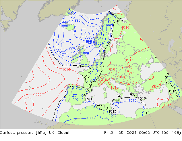 Pressione al suolo UK-Global ven 31.05.2024 00 UTC