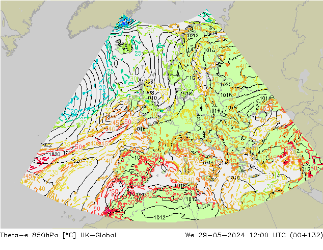 Theta-e 850hPa UK-Global We 29.05.2024 12 UTC