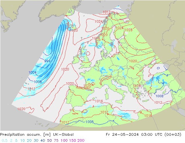 Precipitation accum. UK-Global Fr 24.05.2024 03 UTC