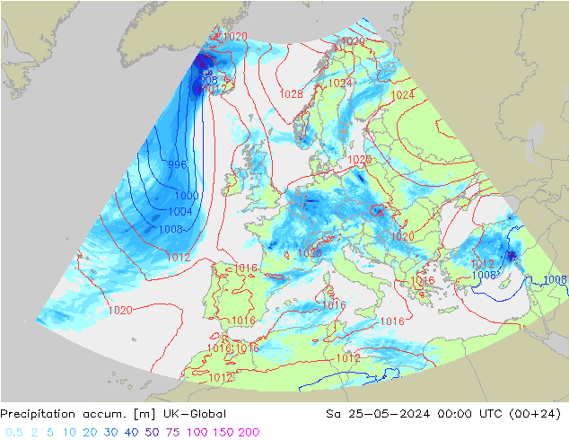 Precipitation accum. UK-Global So 25.05.2024 00 UTC