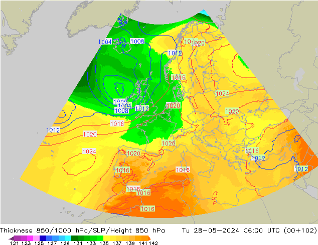 Thck 850-1000 hPa UK-Global mar 28.05.2024 06 UTC