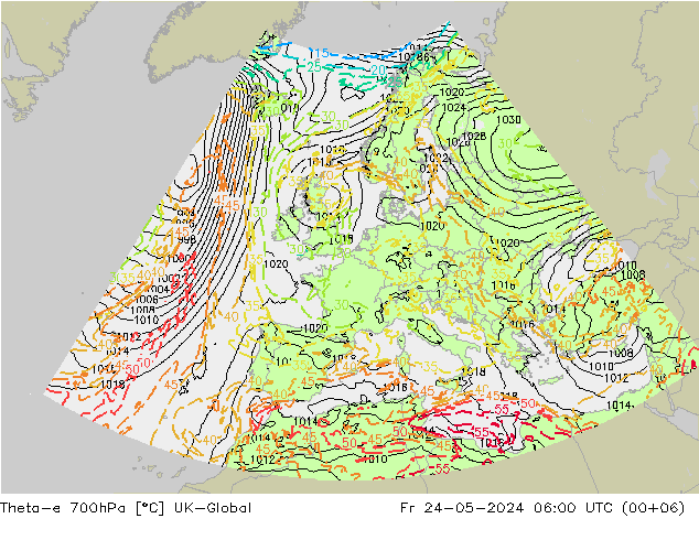 Theta-e 700hPa UK-Global Fr 24.05.2024 06 UTC