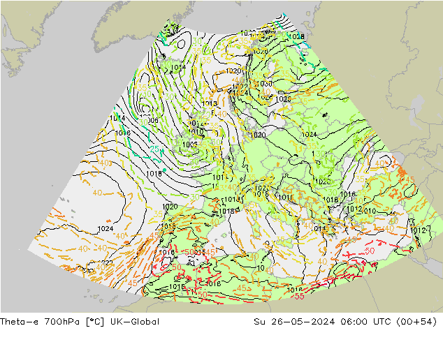 Theta-e 700hPa UK-Global dom 26.05.2024 06 UTC