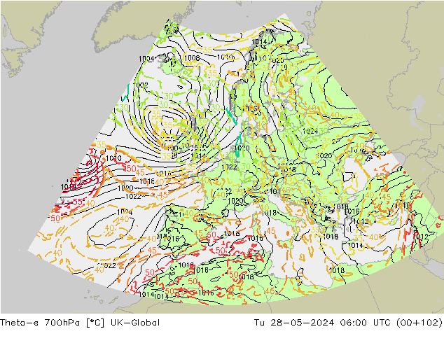 Theta-e 700hPa UK-Global Ter 28.05.2024 06 UTC