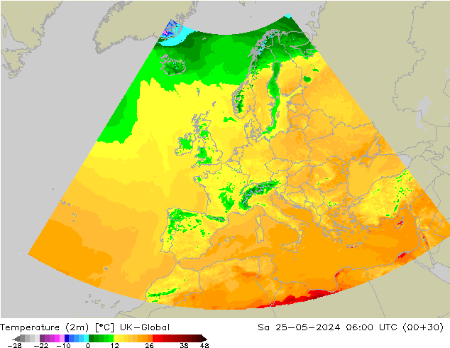 Temperaturkarte (2m) UK-Global Sa 25.05.2024 06 UTC