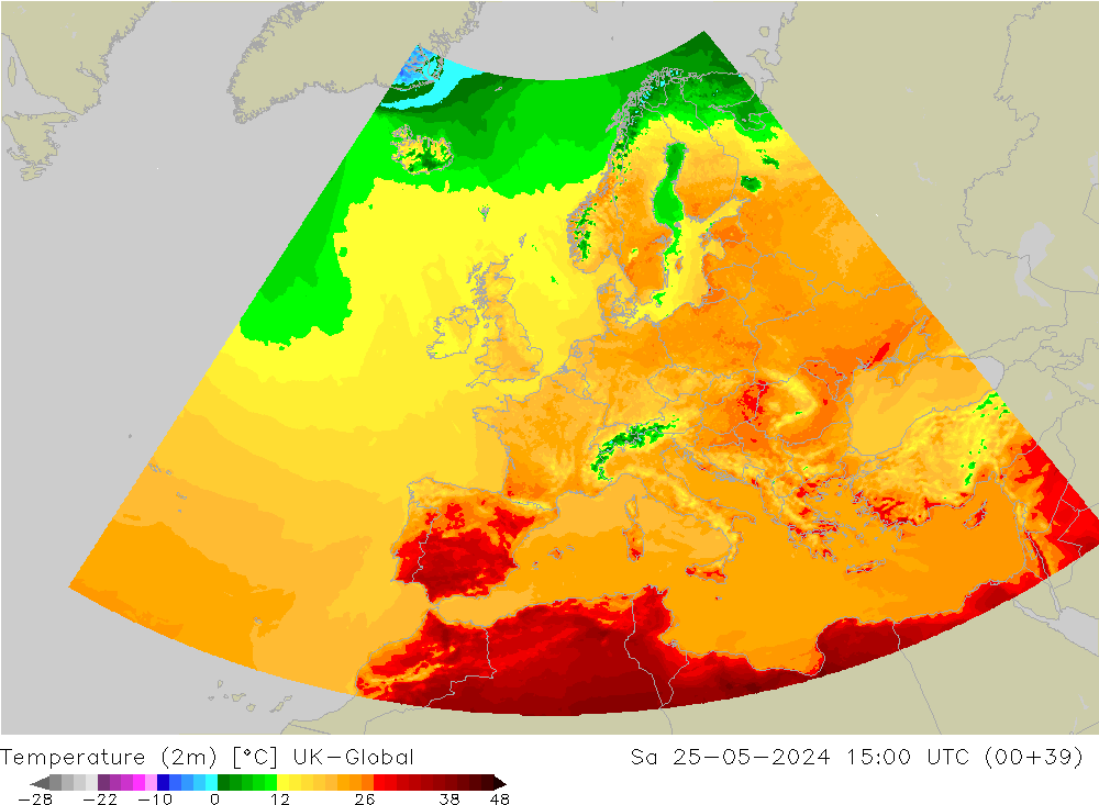 mapa temperatury (2m) UK-Global so. 25.05.2024 15 UTC