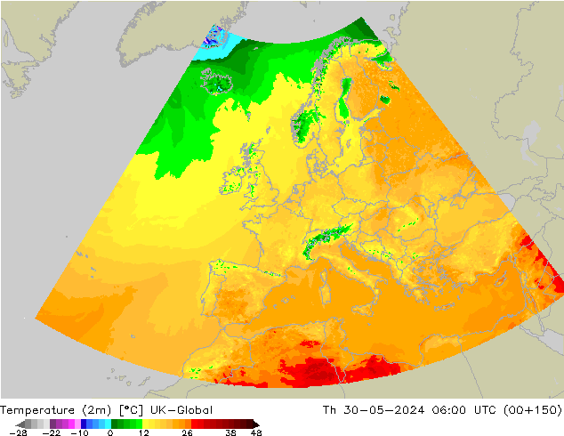 Temperature (2m) UK-Global Th 30.05.2024 06 UTC