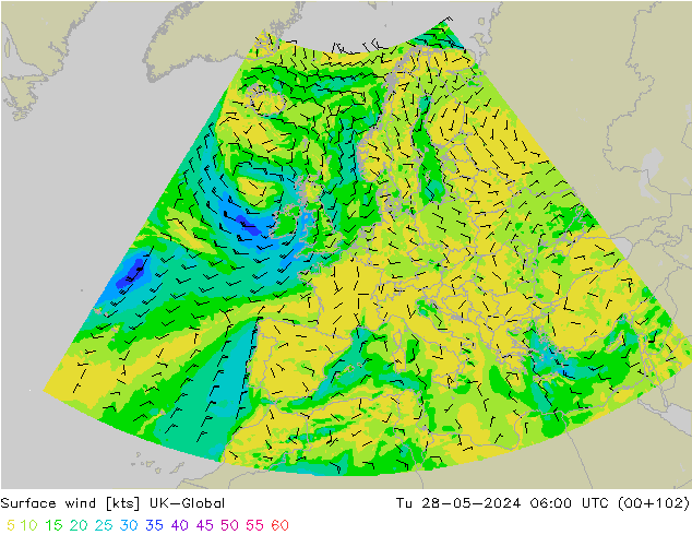 Surface wind UK-Global Tu 28.05.2024 06 UTC