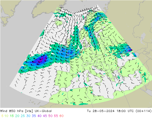 Wind 850 hPa UK-Global Tu 28.05.2024 18 UTC