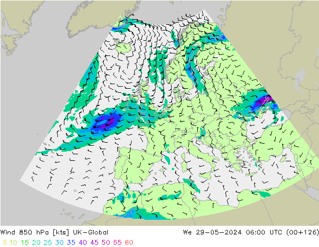 Wind 850 hPa UK-Global Mi 29.05.2024 06 UTC