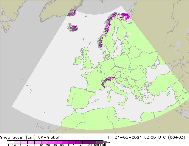 Snow accu. UK-Global Fr 24.05.2024 03 UTC