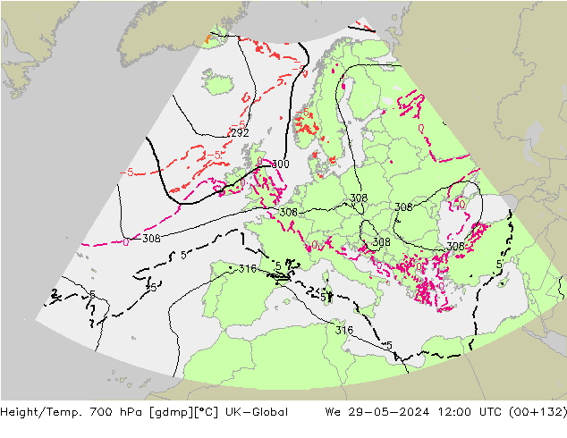 Height/Temp. 700 hPa UK-Global We 29.05.2024 12 UTC