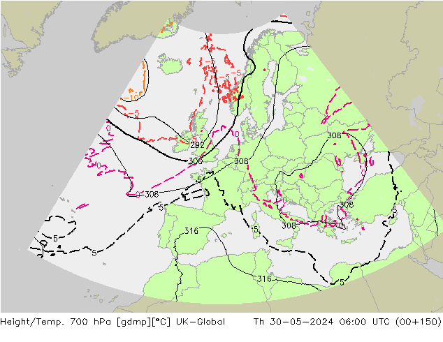 Height/Temp. 700 hPa UK-Global Th 30.05.2024 06 UTC