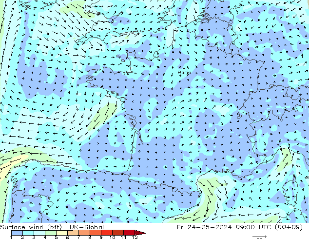 Wind 10 m (bft) UK-Global vr 24.05.2024 09 UTC