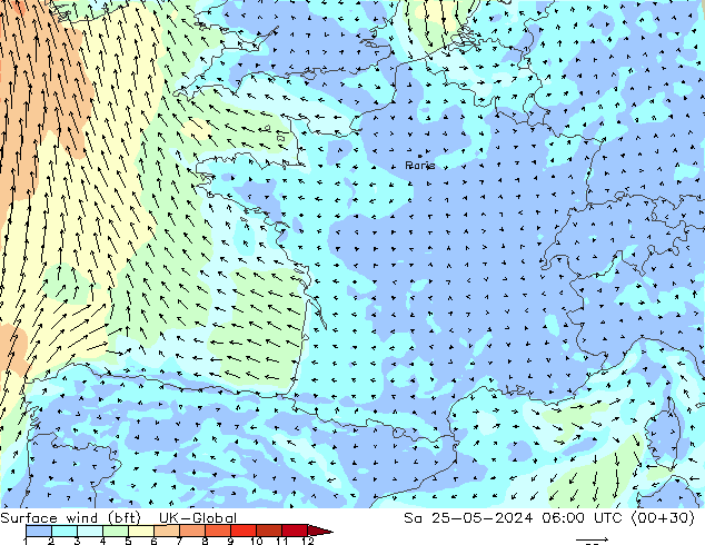 Wind 10 m (bft) UK-Global za 25.05.2024 06 UTC