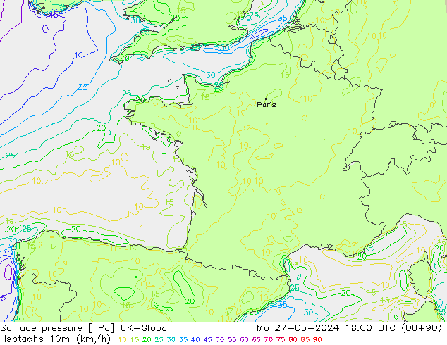 Isotachs (kph) UK-Global Po 27.05.2024 18 UTC