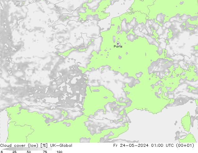 Cloud cover (low) UK-Global Fr 24.05.2024 01 UTC