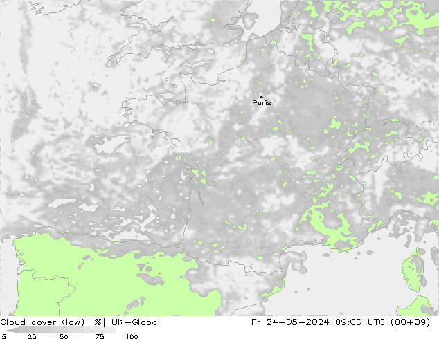 Cloud cover (low) UK-Global Fr 24.05.2024 09 UTC