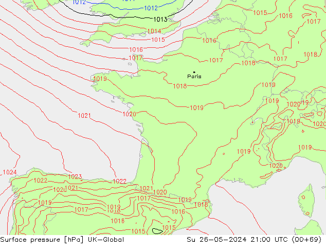 Surface pressure UK-Global Su 26.05.2024 21 UTC