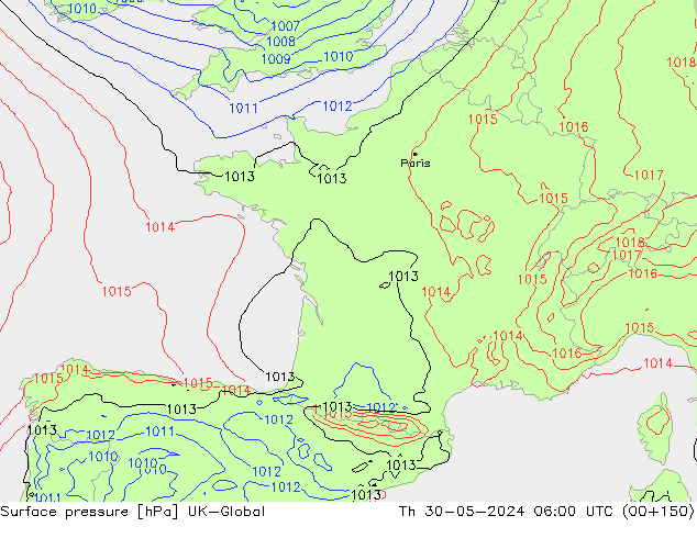 Surface pressure UK-Global Th 30.05.2024 06 UTC