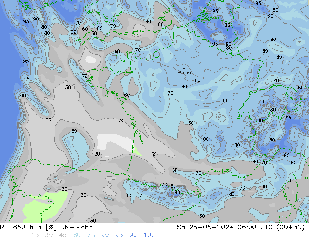 RH 850 гПа UK-Global сб 25.05.2024 06 UTC