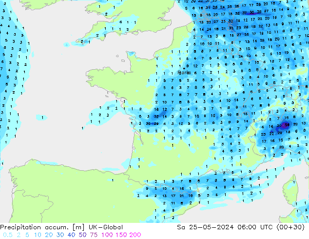 Precipitation accum. UK-Global Sáb 25.05.2024 06 UTC