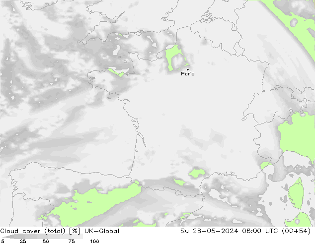 Bewolking (Totaal) UK-Global zo 26.05.2024 06 UTC