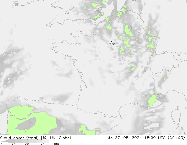 Bewolking (Totaal) UK-Global ma 27.05.2024 18 UTC