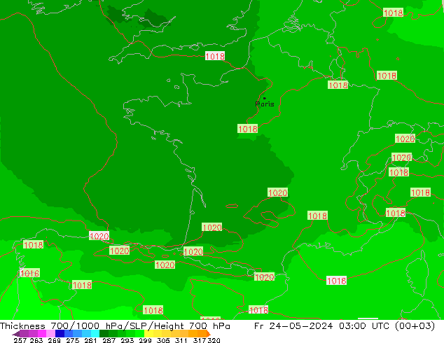 Schichtdicke 700-1000 hPa UK-Global Fr 24.05.2024 03 UTC